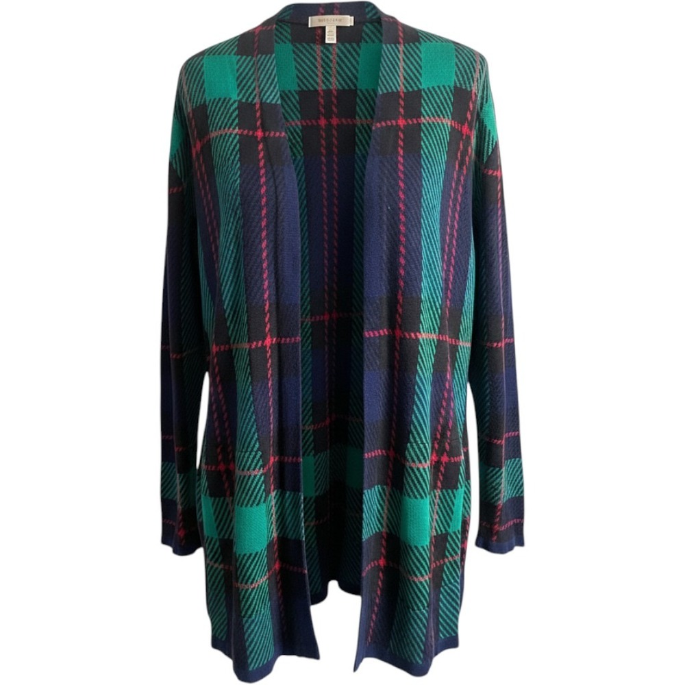 Lands' End Open Front Tartan Plaid Long Cardigan Sweater Women's Medium